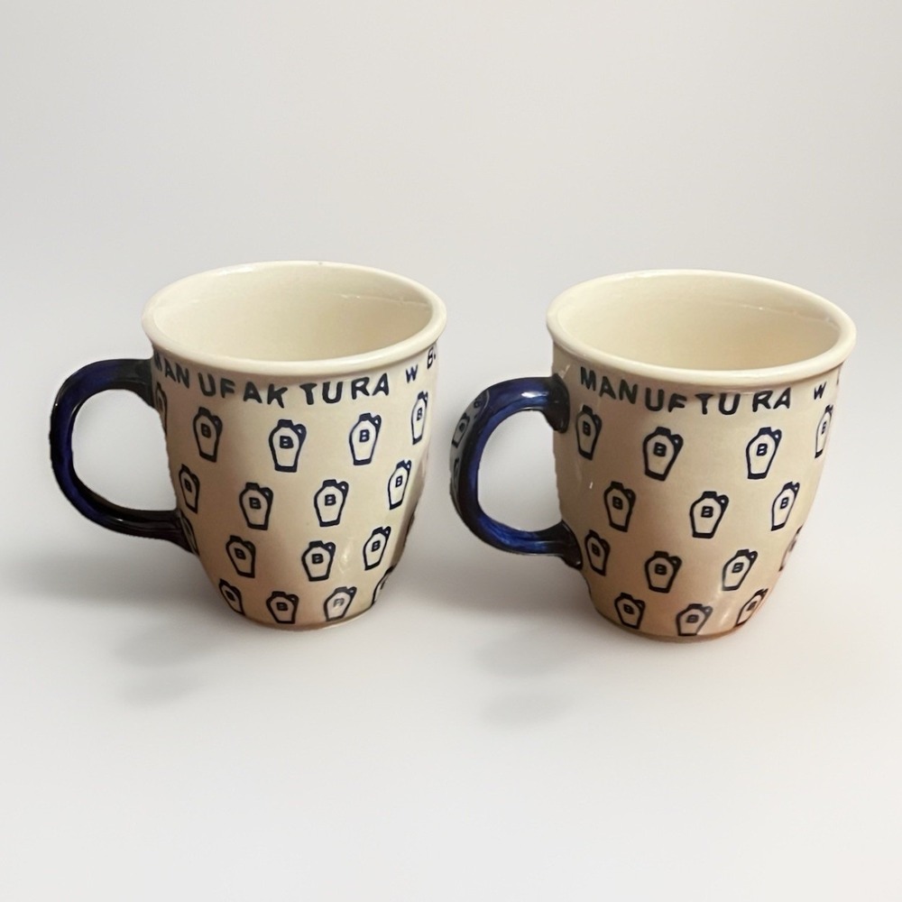 2 Manufaktura Boleslawcu Polish Pottery Coffee Mugs M. Momot Blue